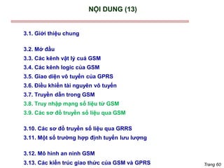 Trang 60
NỘI DUNG (13)
3.1. Giới thiệu chung
3.2. Mở đầu
3.3. Các kênh vật lý cuả GSM
3.4. Các kênh logic của GSM
3.5. Giao diện vô tuyến của GPRS
3.6. Điều khiển tài nguyên vô tuyến
3.7. Truyền dẫn trong GSM
3.8. Truy nhập mạng số liệu từ GSM
3.9. Các sơ đồ truyền số liệu qua GSM
3.10. Các sơ đồ truyền số liệu qua GRRS
3.11. Một số trường hợp định tuyến lưu lượng
3.12. Mô hình an ninh GSM
3.13. Các kiến trúc giao thức của GSM và GPRS
 