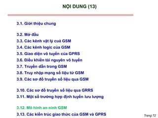 Trang 72
NỘI DUNG (13)
3.1. Giới thiệu chung
3.2. Mở đầu
3.3. Các kênh vật lý cuả GSM
3.4. Các kênh logic của GSM
3.5. Giao diện vô tuyến của GPRS
3.6. Điều khiển tài nguyên vô tuyến
3.7. Truyền dẫn trong GSM
3.8. Truy nhập mạng số liệu từ GSM
3.9. Các sơ đồ truyền số liệu qua GSM
3.10. Các sơ đồ truyền số liệu qua GRRS
3.11. Một số trường hợp định tuyến lưu lượng
3.12. Mô hình an ninh GSM
3.13. Các kiến trúc giao thức của GSM và GPRS
 