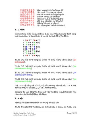 ______________________________________________________________________________________
Tập Thơ Đường Tống Tuyển Dịch Trang 210/290
Ấn bản 3 ngày 7 tháng 11 năm 2017
昔日戲言身後意
今朝皆到眼歬來
衣裳已施行着侭
針綫猶存未忍開
尚想舊情憐婢僕
也曾因夢送錢財
誠知此恨人人有
貧賤夫妻佰事偯
Ngày xưa vui nói chuyện qua đời
Trước mắt hôm nay xảy tới nơi
Cho hết áo quần không giữ ngắm
Chỉ kim còn đó sầu chưa vơi
Nghĩ tình xưa cũ thương người ở
Đốt tặng nàng tiền mơ đến chơi
Nỗi khổ tâm này ai cũng có
Vợ chồng nghèo khó cảnh chơi vơi.
2.1.3 Niêm
Niêm đòi hỏi 2 chữ ở cùng vị trí trong 2 câu khác nhau phải cùng thanh bằng
hoặc thanh trắc. Ví dụ dưới đây là của bài thơ Luật Bằng Vần Bằng:
1 B B T T T B B (V)
2. T T B B B T B (V)
3. T T B B B T T
4. B B T T T B B (V)
5. B B T T B B T
6. T T B B T T B (V)
7. T T B B B T T
8. B B T T T B B (V)
2.1.3a Chữ 2 và chữ 6 trong câu 1 niêm với chữ 2 và chữ 6 trong câu 8 (các
chữ màu đỏ).
2.1.3b Chữ 2 và chữ 6 trong câu 2 niêm với chữ 2 và chữ 6 trong câu 3 (các
chữ màu xanh lá cây).
2.1.3c Chữ 2 và chữ 6 trong câu 4 niêm với chữ 2 và chữ 6 trong câu 5 (các
chữ màu xanh dương).
2.1.3d Chữ 2 và chữ 6 trong câu 6 niêm với chữ 2 và chữ 6 trong câu 7 (các
chữ màu xanh là cây).
Thật ra do luật bằng trắc đòi hỏi, một bài thơ đúng niêm các câu 1, 4, 5, và 8
niêm với nhau và các câu 2, 3, 6 và 7 niêm với nhau.
Các dạng thơ Luật Bằng Vần Trắc, Luật Trắc Vần Bằng và Luật Trắc Vần Trắc
cũng niêm như thơ Luật Bằng Vần Bằng.
2.1.4 Vận
Vận hay vần của bài thơ là vần của những chữ cuối câu.
2.1.4a Trong bài thơ Vần Bằng, các chữ cuối câu 1, câu 2, câu 4, câu 6 và
 