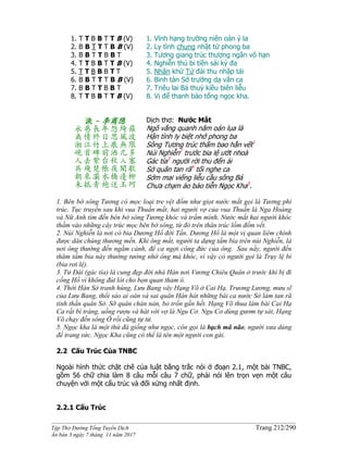 ______________________________________________________________________________________
Tập Thơ Đường Tống Tuyển Dịch Trang 212/290
Ấn bản 3 ngày 7 tháng 11 năm 2017
1. T T B B T T B (V)
2. B B T T T B B (V)
3. B B T T B B T
4. T T B B T T B (V)
5. T T B B B T T
6. B B T T T B B (V)
7. B B T T B B T
8. T T B B T T B (V)
1. Vĩnh hạng trường niên oán ỷ la
2. Ly tình chung nhật tứ phong ba
3. Tương giang trúc thượng ngân vô hạn
4. Nghiễn thủ bi tiền sái kỷ đa
5. Nhân khứ Tử đài thu nhập tái
6. Binh tàn Sở trướng dạ văn ca
7. Triêu lai Bá thuỷ kiều biên liễu
8. Vị để thanh bào tống ngọc kha.
淚 - 李商隐
永巷長年怨綺羅
离情終日思風波
湘江竹上痕無限
峴首碑前洒几多
人去紫台秋入塞
兵殘楚帳夜聞歌
朝來灞水橋邊柳
未抵青袍送玉珂
Dịch thơ: Nước Mắt
Ngõ vắng quanh năm oán lụa là
Hận tình ly biệt nhớ phong ba
Sông Tương trúc thấm bao hằn vết1
Núi Nghiễn2
trước bia lệ ướt nhoà
Gác tía3
người rời thu đến ải
Sở quân tan rã4
tối nghe ca
Sớm mai viếng liễu cầu sông Bá
Chưa chạm áo bào tiễn Ngọc Kha5
.
1. Bên bờ sông Tương có mọc loại tre vệt đốm như giọt nước mắt gọi là Tương phi
trúc. Tục truyền sau khi vua Thuấn mất, hai người vợ của vua Thuấn là Nga Hoàng
và Nữ Anh tìm đến bên bờ sông Tương khóc và trầm mình. Nước mắt hai người khóc
thấm vào những cây trúc mọc bên bờ sông, từ đó trên thân trúc lốm đốm vết.
2. Núi Nghiễn là nơi có bia Dương Hổ đời Tấn. Dương Hổ là một vị quan liêm chính
được dân chúng thương mến. Khi ông mất, người ta dựng tấm bia trên núi Nghiễn, là
nơi ông thường đến ngắm cảnh, để ca ngợi công đức của ông. Sau nầy, người đến
thăm tấm bia này thường tưởng nhớ ông mà khóc, vì vậy có người gọi là Trụy lệ bi
(bia rơi lệ).
3. Tử Đài (gác tía) là cung đẹp đời nhà Hán nơi Vương Chiêu Quân ở trước khi bị đi
cống Hồ vì không đút lót cho bọn quan tham ô.
4. Thời Hán Sở tranh hùng, Lưu Bang vây Hạng Võ ở Cai Hạ. Trương Lương, mưu sĩ
của Lưu Bang, thổi sáo ai oán và sai quân Hán hát những bài ca nước Sở làm tan rã
tinh thần quân Sở. Sỡ quân chán nản, bỏ trốn gần hết. Hạng Võ thua làm bài Cai Hạ
Ca rất bi tráng, uống rượu và hát với vợ là Ngu Cơ. Ngu Cơ dùng gươm tự sát, Hạng
Võ chạy đến sông Ô rồi cũng tự tử.
5. Ngọc kha là một thứ đá giống như ngọc, còn gọi là bạch mã não, người xưa dùng
để trang sức. Ngọc Kha cũng có thể là tên một người con gái.
2.2 Cấu Trúc Của TNBC
Ngoài hình thức chặt chẽ của luật bằng trắc nói ở đoạn 2.1, một bài TNBC,
gồm 56 chữ chia làm 8 câu mỗi câu 7 chữ, phải nói lên trọn vẹn một câu
chuyện với một cấu trúc và đối xứng nhất định.
2.2.1 Cấu Trúc
 
