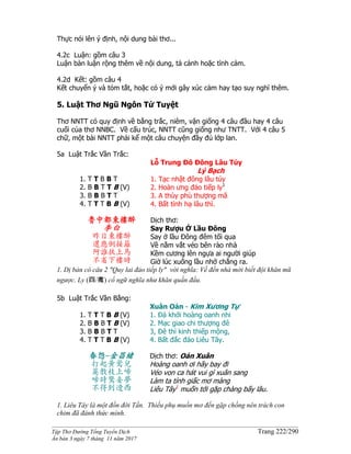 ______________________________________________________________________________________
Tập Thơ Đường Tống Tuyển Dịch Trang 222/290
Ấn bản 3 ngày 7 tháng 11 năm 2017
Thực nói lên ý định, nội dung bài thơ...
4.2c Luận: gồm câu 3
Luận bàn luận rộng thêm về nội dung, tả cảnh hoặc tình cảm.
4.2d Kết: gồm câu 4
Kết chuyển ý và tóm tắt, hoặc có ý mới gây xúc cảm hay tạo suy nghĩ thêm.
5. Luật Thơ Ngũ Ngôn Tứ Tuyệt
Thơ NNTT có quy định về bằng trắc, niêm, vận giống 4 câu đầu hay 4 câu
cuối của thơ NNBC. Về cấu trúc, NNTT cũng giống như TNTT. Với 4 câu 5
chữ, một bài NNTT phải kể một câu chuyện đầy đủ lớp lan.
5a Luật Trắc Vần Trắc:
1. T T B B T
2. B B T T B (V)
3. B B B T T
4. T T T B B (V)
Lỗ Trung Đô Đông Lâu Túy
Lý Bạch
1. Tạc nhật đông lâu túy
2. Hoàn ưng đảo tiếp ly1
3. A thùy phù thượng mã
4. Bất tỉnh hạ lâu thì.
魯中都東樓醉
李白
昨日東樓醉
還應倒接籬
阿誰扶上馬
不省下樓時
Dịch thơ:
Say Rượu Ở Lầu Đông
Say ở lầu Ðông đêm tối qua
Về nằm vắt vẻo bên rào nhà
Kềm cương lên ngựa ai người giúp
Giờ lúc xuống lầu nhớ chẳng ra.
1. Dị bản có câu 2 "Quy lai đảo tiếp ly" với nghĩa: Về đến nhà mới biết đội khăn mũ
ngược. Ly (四/离) cổ ngữ nghĩa như khăn quấn đầu.
5b Luật Trắc Vần Bằng:
1. T T T B B (V)
2. B B B T B (V)
3. B B B T T
4. T T T B B (V)
Xuân Oán - Kim Xương Tự
1. Đả khởi hoàng oanh nhi
2. Mạc giao chi thượng đê
3, Đê thì kinh thiếp mộng,
4. Bất đắc đáo Liêu Tây.
春怨-金昌緒
打起黃鶯兒
莫教枝上啼
啼時驚妾夢
不得到遼西
Dịch thơ: Oán Xuân
Hoàng oanh ơi hãy bay đi
Véo von ca hát vui gì xuân sang
Làm ta tỉnh giấc mơ màng
Liêu Tây1
muốn tới gặp chàng bấy lâu.
1. Liêu Tây là một đồn đời Tần. Thiếu phụ muốn mơ đến gặp chồng nên trách con
chim đã đánh thức mình.
 