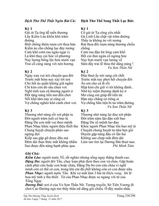______________________________________________________________________________________
Tập Thơ Đường Tống Tuyển Dịch Trang 238/290
Ấn bản 3 ngày 7 tháng 11 năm 2017
Dịch Thơ Thể Thất Ngôn Bát Cú:
Kỳ 1
Gái út Tạ ông dễ mến thương
Lấy Kiềm Lâu khốn khó trăm
đường
Biết chồng thèm rượu cởi thoa bán
Kiếm áo cho chồng lục đáy rương
Cam khổ cơm rau ngào ngạt vị
Lá khô thay củi hòe vô phương
Nay lương bổng lộc hơn mười vạn
Trai cỗ cúng nàng với nén hương.
Kỳ 2
Ngày xưa vui nói chuyện qua đời
Trước mắt hôm nay xảy tới nơi
Cho hết áo quần không giữ ngắm
Chỉ kim còn đó sầu chưa vơi
Nghĩ tình xưa cũ thương người ở
Đốt tặng nàng tiền mơ đến chơi
Nỗi khổ tâm này ai cũng có
Vợ chồng nghèo khó cảnh chơi vơi.
Kỳ 3
Thương nhớ nàng rồi xót phận ta
Đời người trăm tuổi có bao là
Đặng Du con mất vui theo mệnh
Phan Nhạc khóc người điệu thiết tha
Chung huyệt chuyện phào sao
ngóng đợi
Kiếp sau gặp gỡ được đâu mà
Đêm dài thao thức mắt không nhắm
Sao được đền nàng hạnh phúc qua.
Dịch Thơ Thể Song Thất Lục Bát:
Kỳ 1
Cô gái út Tạ công yêu nhất
Gả Linh Lâu chật vật trăm đường
Thấy ta không áo vét rương
Rút thoa đổi rượu nàng thương chiều
chồng
Cơm rau đậu lót lòng cam khổ
Hết củi đun ngửa cổ ngóng hòe
Nay hơn mười vạn lương về
Sắm đầy trai lễ thỏa thê dâng nàng !
Vu Sơn Thần Nữ
Kỳ 2
Đùa thuở ấy nói sang cõi chết
Trước mắt nay phơi hết chuyện đời
Áo em cho cả đi rồi
Hộp kim chỉ giữ vì tôi không đành..
Nhớ kỷ niệm thương dành kẻ ở
Mơ cúng em giúp đỡ tiền tài
Hận này chẳng có riêng ai
Vợ chồng bần tiện bi tai trăm đường.
Vu Sơn Thần Nữ
Kỳ 3
Thương nhớ nàng lại đau xót phận
Đời trăm năm lận đận xiết bao
Đặng Du số mệnh lao đao
Khóc người Phan Nhạc tốn hao mỹ từ
Chuyện chung huyệt tợ như hẹn gió
Duyên gặp nàng đâu có lần hai
Không sao chợp mắt đêm dài
Làm sao tìm lại Dương Đài thuở nao.
Phí Minh Tâm
Ghi Chú:
Kiềm Lâu: người nước Tề, rất nghèo nhưng sống ngay thẳng thanh cao.
Đặng Du: người đời Tấn, chạy loạn phải đem theo con và cháu. Gặp hoàn
cảnh phải cứu hoặc con hoặc cháu, Đặng Du bỏ con cứu cháu vì nghĩ
mình còn có thể có con, trong khi em đã chết không còn có con được nữa.
Phan Nhạc: người nước Tấn. Khi vợ mất làm 3 bài từ Điệu vong, lời lẽ
hoa mỹ tình ý tha thiết. Từ của Phan Nhạc được so ngang với từ của
Tống Ngọc
Dương Đài: nơi ở của Vu Sơn Thần Nữ. Tương truyền, Sở Tiên Vương đi
chơi Cao Đường ngủ mơ thấy thần nữ dâng gối chiếu. Ở đây muốn nhắc
 