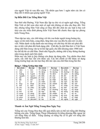 ______________________________________________________________________________________
Tập Thơ Đường Tống Tuyển Dịch Trang 246/290
Ấn bản 3 ngày 7 tháng 11 năm 2017
của người Việt từ xưa đến nay. Tất nhiên qua hơn 1 ngàn năm các âm có
thay đổi ít nhiều qua giọng người Việt.
Sự Biến Đổi Của Tiếng Hán Việt
Sau thời nhà Đường, Việt Nam độc lập tự chủ và có ngôn ngữ riêng. Tiếng
Hán Việt có thể xem như một cổ ngữ nên không có nhu cầu thay đổi. Nói
thế, nhưng tiếng Hán Việt cũng có thay đổi đôi chút do các luật tị húy (cữ
tên) của các triều đình phong kiến Việt Nam bắt chước theo tập tục phong
kiến Trung Hoa.
Theo tập tục này, các chữ trùng với tên vua hoặc người trong hoàng tộc,
ngay cả tên niên hiệu, cung điện, lăng tẩm của vua đều bị cấm nói và cấm
viết. Nhân danh và địa danh nào mà trùng với chữ húy thì khi nói phải đổi
âm và khi viết phải đổi hình dạng chữ. Chữ đây là chữ Hán bởi vì Việt Nam
dùng chữ Hán trong văn tự từ khi lập quốc cho đến khoảng năm 1900 mới
bỏ chế độ thi cử chữ Hán. Dưới nhà Nguyễn, những chữ tị húy thông thường
nằm trong danh sách bên dưới.
Hiện nay các luật tỵ húy không còn được áp dụng nữa. Tuy nhiên theo thói
quen, các chữ trại vẫn còn được xài. Các âm chính có thể được sử dụng
trong trường hợp các âm trại thay đổi âm vận của chữ Hán trong bài thơ.
Bảng 1 Tiếng Tị Húy Hán Việt
Âm chính
1. câm
2. mai
3. hoàng
4. nguyên
5. lan
6. tần
7. lỵ
8. thụy
9. lĩnh
10. chu
11. thụ
12. thư
13. dung
14. hoàn
15. phúc
16. ánh
Âm trại
1. kim
2. mơi
3. huỳnh
4. ngươn
5. lang,lam
6. tờn
7. lợi
8. thoại
9. lãnh
10. châu
11. thọ
12. thơ
13. dong
14. hườn
15. phước
16. yến,ảnh
Âm chính
17. chủng
18. đang
19. đảm
20. kiểu
21. hoa
22. thật
23. miên
24. chính
25. tông
26. tuyền
27. hằng
28. hạo
29. nhậm
30. hồng
31. thì
32. hài
Âm trại
17. chưởng
18. đương
19. đởm
20. cảo
21. huê
22. thiệt
23. mân
24. chánh
25. tôn
26. toàn
27. thường
28. hiệu
29. nhiệm
30. hường
31. thời
32. hia
Âm chính
33. chân
34. đường
35. cảnh
36. lân
37. san
38. điều
39. nam
40. kiền
41. nhân
42. thái
43. thụy
44. dũng
45. vũ
46. kính
47. thật
48. nghĩa
Âm trại
33. chơn
34. đàng
35. kiểng
36. liên
37. sơn
38. đều
39. nôm
40. càn
41. nhơn
42. thới
43. thoại
44. dõng
45. võ
46. cảnh
47. thiệt
48. ngãi
Thanh và Âm Ngữ Tiếng Trung Hoa Ngày Nay
Tiếng nói của Trung Hoa thay đổi quá nhiều nên có thể nói tiếng đời Đường
không còn nữa. Tiếng Quan Thoại (Mandarin) là tiếng phương Bắc ngoại lai
với tiếng Hán cổ điển. Tiếng Quảng và tiếng Hẹ có lẽ gần với tiếng đời
Đường hơn hết.
 