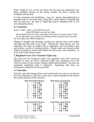 ______________________________________________________________________________________
Tập Thơ Đường Tống Tuyển Dịch Trang 266/290
Ấn bản 3 ngày 7 tháng 11 năm 2017
home. Today he was on the way home, but his boat was anchored at one
place, probably because of the stormy weather. He had to anchor his
nostalgia with the boat.
In term symmetry and parallelism, tùng cúc (group chrysanthemum) is
matched with cô chu (lone boat), lưỡng khai (twice open) is matched with
nhất hệ (once tie), tha nhật lệ (other day tears) is matched with cố viên
tâm (old garden heart)
d. Conclusion
Lines 7 and 8: Hàn y xứ xứ thôi đao xích
Bạch Đế thành cao cấp mộ châm
All around people are busy with tape and scissors to make winter cloth
In the afternoon, the sounds of washing mallets beating cloth rise from
the town Bach De (White Emperor).
Change of thought and summary, autumn was sad not only to the author
who had not been able to go home. During this Tang period, war was
unending. The signs of sadness due to separation were everywhere: tape
and scissors, sounds of washing mallets…People made and washed winter
clothes in autumn to send to the frontier for loved ones: sons, husbands…to
wear in the cold coming winter.
3. Regulated Verse: Five Character Eight Line
The rules for Five Character Eight Line regulated verse (5x8 verse) are
identical to those for Seven Character Eight Line regulated verse (7x8
verse) in terms of rule of tone, locking, rhyme and symmetry. The rules are
somewhat simplified when 2 characters beginning each lines are
eliminated as illustrated in the next table.
3.1 Tone Rule
Note the tone rule changes from even to slant and vice versa as we remove
two first characters in each line, as the rule is always decided by the tone of
the second character of the first line.
Slant Rule Slant Rhyme
1. B B T T B B T
2. T T B B T T B
3. T T B B B T T
4. B B T T T B B
5. B B T T B B T
6. T T B B T T B
7. T T B B B T T
8. B B T T T B B
Level Rule Slant Rhyme
1. T T B B B T T
2. B B T T T B B
3. B B T T B B T
4. T T B B T T B
Slant Rule Level Rhyme
1. B B T T T B B
2. T T B B B T B
3. T T B B B T T
4. B B T T T B B
5. B B T T B B T
6. T T B B T T B
7. T T B B B T T
8. B B T T T B B
Level Rule Level Rhyme
1. T T B B T T B
2. B B T T T B B
3. B B T T B B T
4. T T B B T T B
 