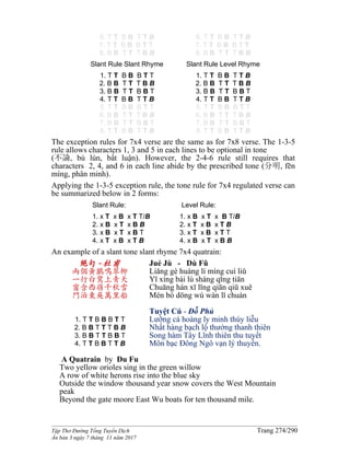 ______________________________________________________________________________________
Tập Thơ Đường Tống Tuyển Dịch Trang 274/290
Ấn bản 3 ngày 7 tháng 11 năm 2017
6. T T B B T T B
7. T T B B B T T
8. B B T T T B B
Slant Rule Slant Rhyme
1. T T B B B T T
2. B B T T T B B
3. B B T T B B T
4. T T B B T T B
5. T T B B B T T
6. B B T T T B B
7. B B T T B B T
8. T T B B T T B
6. T T B B T T B
7. T T B B B T T
8. B B T T T B B
Slant Rule Level Rhyme
1. T T B B T T B
2. B B T T T B B
3. B B T T B B T
4. T T B B T T B
5. T T B B B T T
6. B B T T T B B
7. B B T T B B T
8. T T B B T T B
The exception rules for 7x4 verse are the same as for 7x8 verse. The 1-3-5
rule allows characters 1, 3 and 5 in each lines to be optional in tone
(不論, bù lún, bất luận). However, the 2-4-6 rule still requires that
characters 2, 4, and 6 in each line abide by the prescribed tone (分明, fēn
míng, phân minh).
Applying the 1-3-5 exception rule, the tone rule for 7x4 regulated verse can
be summarized below in 2 forms:
Slant Rule:
1. x T x B x T T/B
2. x B x T x B B
3. x B x T x B T
4. x T x B x T B
Level Rule:
1. x B x T x B T/B
2. x T x B x T B
3. x T x B x T T
4. x B x T x B B
An example of a slant tone slant rhyme 7x4 quatrain:
絕句 -杜甫
兩個黃鸝鳴翠柳
一行白鷺上青天
窗含西嶺千秋雪
門泊東吳萬里船
1. T T B B B T T
2. B B T T T B B
3. B B T T B B T
4. T T B B T T B
Jué Jù - Dù Fǔ
Liǎng gè huáng lí míng cuì liǔ
Yī xíng bái lù shàng qīng tiān
Chuāng hán xī lǐng qiān qiū xuě
Mén bó dōng wú wàn lǐ chuán
Tuyệt Cú - Đỗ Phủ
Lưỡng cá hoàng ly minh thúy liễu
Nhất hàng bạch lộ thướng thanh thiên
Song hàm Tây Lĩnh thiên thu tuyết
Môn bạc Đông Ngô vạn lý thuyền.
A Quatrain by Du Fu
Two yellow orioles sing in the green willow
A row of white herons rise into the blue sky
Outside the window thousand year snow covers the West Mountain
peak
Beyond the gate moore East Wu boats for ten thousand mile.
 