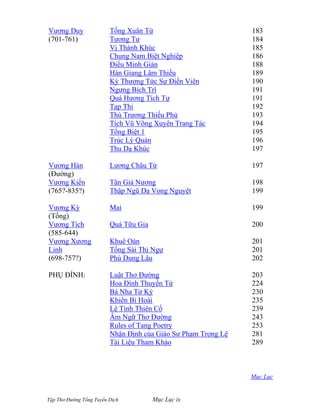 Tập Thơ Đường Tống Tuyển Dịch Mục Lục ix
Vương Duy
(701-761)
Vương Hàn
(Đường)
Vương Kiến
(765?-835?)
Vương Kỳ
(Tống)
Vương Tích
(585-644)
Vương Xương
Linh
(698-757?)
PHỤ ĐÍNH:
Tống Xuân Từ
Tương Tư
Vị Thành Khúc
Chung Nam Biệt Nghiệp
Ðiểu Minh Giản
Hán Giang Lâm Thiếu
Kỳ Thượng Tức Sự Ðiền Viên
Ngưng Bích Trì
Quá Hương Tích Tự
Tạp Thi
Thù Trương Thiếu Phủ
Tích Vũ Võng Xuyên Trang Tác
Tống Biệt 1
Trúc Lý Quán
Thu Dạ Khúc
Lương Châu Từ
Tân Giá Nương
Thập Ngũ Dạ Vọng Nguyệt
Mai
Quá Tữu Gia
Khuê Oán
Tống Sài Thị Ngự
Phù Dung Lâu
Luật Thơ Đường
Hoa Đình Thuyền Tử
Bá Nha Tử Kỳ
Khiển Bi Hoài
Lệ Tình Thiên Cổ
Âm Ngữ Thơ Đường
Rules of Tang Poetry
Nhận Định của Giáo Sư Phạm Trọng Lệ
Tài Liệu Tham Khảo
183
184
185
186
188
189
190
191
191
192
193
194
195
196
197
197
198
199
199
200
201
201
202
203
224
230
235
239
243
253
281
289
Mục Lục
 