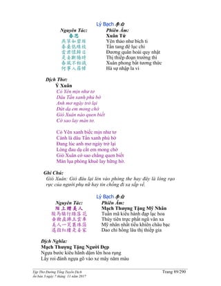 ______________________________________________________________________________________
Tập Thơ Đường Tống Tuyển Dịch Trang 89/290
Ấn bản 3 ngày 7 tháng 11 năm 2017
Lý Bạch李白
Nguyên Tác:
春思
燕草如碧絲
秦桑低綠枝
當君懷歸日
是妾斷腸時
春風不相識
何事入羅幃
Phiên Âm:
Xuân Tứ
Yên thảo như bích ti
Tần tang đê lục chi
Đương quân hoài quy nhật
Thị thiếp đoạn trường thì
Xuân phong bất tương thức
Hà sự nhập la vi
Dịch Thơ:
Ý Xuân
Cỏ Yên mịn như tơ
Dâu Tần xanh phủ bờ
Anh mơ ngày trở lại
Đứt dạ em mong chờ
Gió Xuân nào quen biết
Cớ sao lay màn tơ.
Cỏ Yên xanh biếc mịn như tơ
Cành lá dâu Tần xanh phủ bờ
Đang lúc anh mơ ngày trở lại
Lòng đau dạ cắt em mong chờ
Gió Xuân cớ sao chẳng quen biết
Màn lụa phòng khuê lay hững hờ.
Ghi Chú:
Gió Xuân: Gió đâu lại lẻn vào phòng the hay đây là lòng rạo
rực của người phụ nữ hay tin chồng đi xa sắp về.
Lý Bạch李白
Nguyên Tác:
陌上贈美人
駿馬驕行踏落花
垂鞭直拂五雲車
美人一笑褰珠箔
遙指紅樓是妾家
Phiên Âm:
Mạch Thượng Tặng Mỹ Nhân
Tuấn mã kiêu hành đạp lạc hoa
Thùy tiên trực phất ngũ vân xa
Mỹ nhân nhất tiếu khiên châu bạc
Dao chỉ hồng lâu thị thiếp gia
Dịch Nghĩa:
Mạch Thượng Tặng Người Đẹp
Ngựa bước kiêu hãnh dậm lên hoa rụng
Lấy roi đánh ngựa gõ vào xe mây năm màu
 