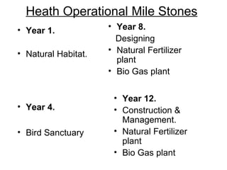 Heath Operational Mile Stones
• Year 1.            • Year 8.
                       Designing
• Natural Habitat.   • Natur...