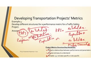 DevelopingTransportation Projects’ Metrics
Example 4:
Develop different structures for a performance metric for aTraffic Safety
Project.
Answer:
ElDessouki
TTE 332 Transportation Engineering II S2021 153
 