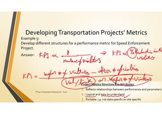 DevelopingTransportation Projects’ Metrics
Example 5:
Develop different structures for a performance metric for Speed Enforcement
Project.
Answer:
ElDessouki
TTE 332 Transportation Engineering II S2021 154
 