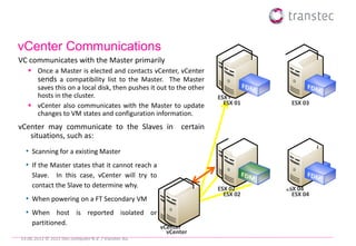 vCenter Communications
VC communicates with the Master primarily
    Once a Master is elected and contacts vCenter, vCenter
     sends a compatibility list to the Master. The Master
     saves this on a local disk, then pushes it out to the other
     hosts in the cluster.                                         ESX 01     ESX 03
    vCenter also communicates with the Master to update             ESX 01     ESX 03
     changes to VM states and configuration information.
vCenter may communicate to the Slaves in certain
   situations, such as:
  • Scanning for a existing Master
  • If the Master states that it cannot reach a
     Slave. In this case, vCenter will try to
     contact the Slave to determine why.                           ESX 02     ESX 04
                                                                     ESX 02     ESX 04
  • When powering on a FT Secondary VM
  • When host is reported isolated or
     partitioned.
                                                     vCenter
                                                       vCenter
19.06.2012 © 2012 ttec computer B.V. / transtec AG
 