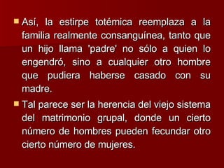 Así, la estirpe totémica reemplaza a la familia realmente consanguínea, tanto que un hijo llama 'padre' no sólo a quien lo engendró, sino a cualquier otro hombre que pudiera haberse casado con su madre.  Tal parece ser la herencia del viejo sistema del matrimonio grupal, donde un cierto número de hombres pueden fecundar otro cierto número de mujeres. 