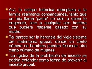 Así, la estirpe totémica reemplaza a la familia realmente consanguínea, tanto que un hijo llama 'padre' no sólo a quien lo engendró, sino a cualquier otro hombre que pudiera haberse casado con su madre.  Tal parece ser la herencia del viejo sistema del matrimonio grupal, donde un cierto número de hombres pueden fecundar otro cierto número de mujeres. La rigidez de la prohibición del incesto se podría entender como forma de prevenir el incesto grupal. 