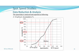 Spot Speed Studies:
Data Reduction & Analysis
The speed data is analyzed and reported as following:
A- Graphical: Accumulative %
Fall 2021/ ElDessouki 135
. TTENG 441 Traffic Engineering
0%
10%
20%
30%
40%
50%
60%
70%
80%
90%
100%
20 40 60 80 100 120 140 160 180
Accumulative
%
Speed (km/hr)
Median
85%
85th% Speed
15%
15th% Speed
 