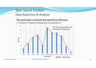 Spot Speed Studies:
Data Reduction & Analysis
The speed data is analyzed and reported as following:
A- Graphical: Frequency Histogram & Accumulative %
Fall 2021/ ElDessouki 134
. TTENG 441 Traffic Engineering
0
5
10
15
20
25
30
35
50-60 60-70 70-80 80-90 90-100 100-110 110-120 120-130 130-140 140-150 150-160
Frequencey
Speed (km/hr)
MODE = 105 km/hr
The shown speed data has
a Bimodal Distribution
 