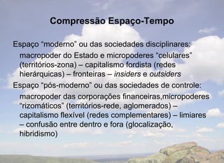 Compressão Espaço-Tempo

Espaço “moderno” ou das sociedades disciplinares:
 macropoder do Estado e micropoderes “celulares”
 (territórios-zona) – capitalismo fordista (redes
 hierárquicas) – fronteiras – insiders e outsiders
Espaço “pós-moderno” ou das sociedades de controle:
 macropoder das corporações financeiras,micropoderes
 “rizomáticos” (territórios-rede, aglomerados) –
 capitalismo flexível (redes complementares) – limiares
 – confusão entre dentro e fora (glocalização,
 hibridismo)
 