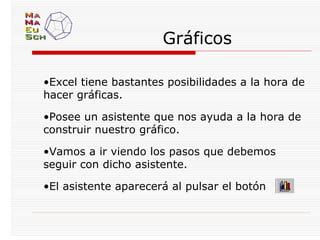 Gráficos

•Excel tiene bastantes posibilidades a la hora de
hacer gráficas.

•Posee un asistente que nos ayuda a la hora de
construir nuestro gráfico.

•Vamos a ir viendo los pasos que debemos
seguir con dicho asistente.

•El asistente aparecerá al pulsar el botón
 
