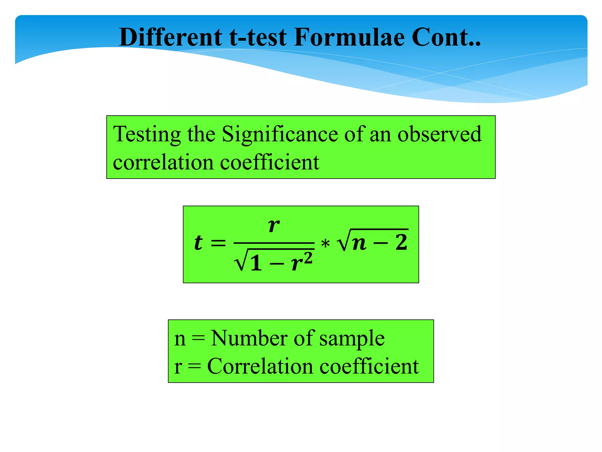 Different t-test Formulae Cont..
Testing the Significance of an observed
correlation coefficient
𝒕 =
𝒓
𝟏 − 𝒓𝟐
∗ 𝒏 − 𝟐
n = Number of sample
r = Correlation coefficient
 