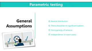 T
General
Assumptions
 Normal distribution
 There should be no significant outliers
 Homogeneity of variance
 Independence (in most cases)
Parametric testing
 