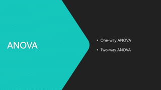 ANOVA
• One-way ANOVA
• Two-way ANOVA
 