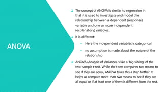 ANOVA
 The concept of ANOVAis similar to regression in
that it is used to investigate and model the
relationship between a dependent (response)
variable and one or more independent
(explanatory) variables.
 It is different:
 Here the independent variables is categorical
 no assumption is made about the nature of the
relationship
 ANOVA (Analysis of Variance) is like a 'big sibling' of the
two-sample t-test. While the t-test compares two means to
see if they are equal, ANOVA takes this a step further. It
helps us compare more than two means to see if they are
all equal or if at least one of them is different from the rest.
 