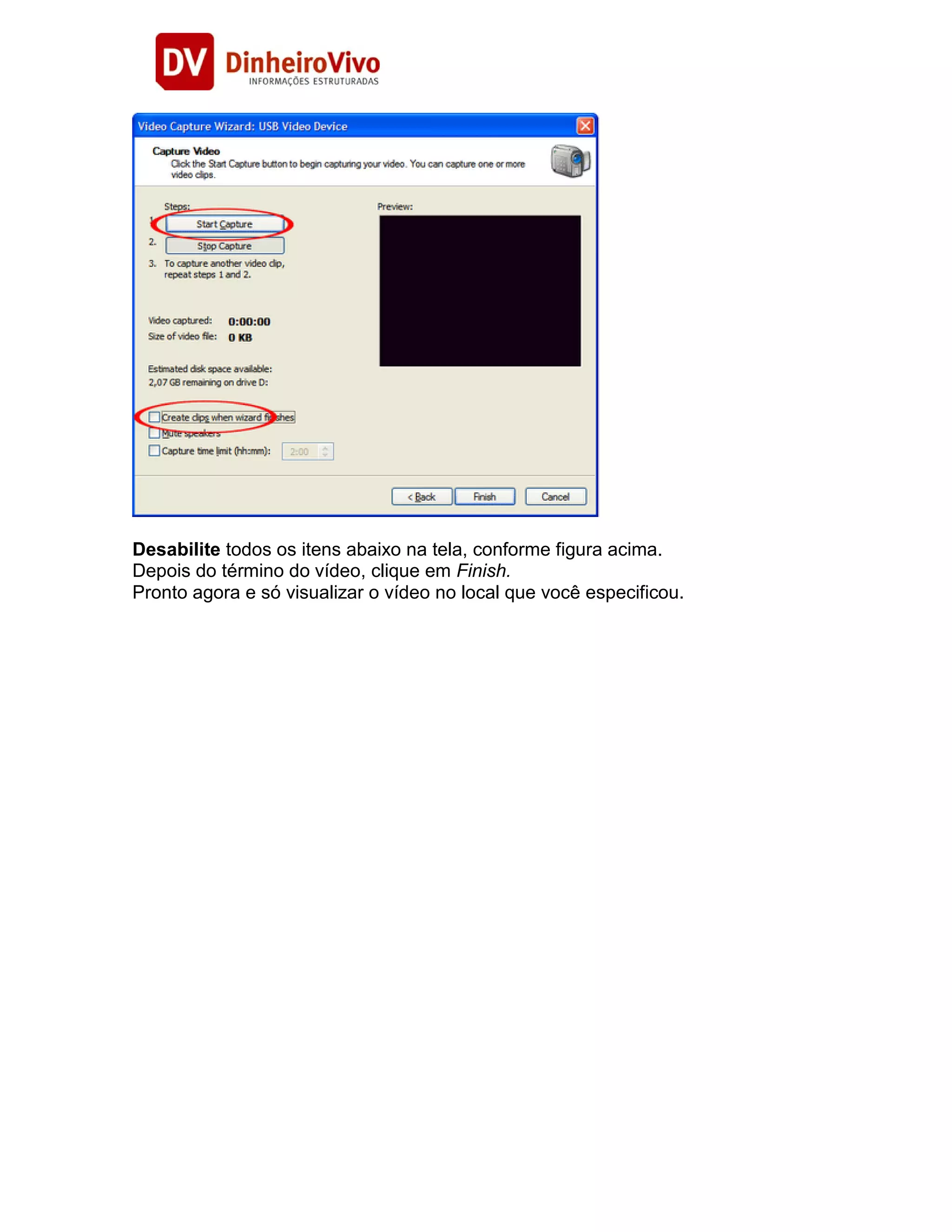 Desabilite todos os itens abaixo na tela, conforme figura acima.
Depois do término do vídeo, clique em Finish.
Pronto agora e só visualizar o vídeo no local que você especificou.
 