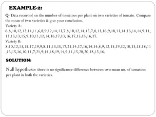 EXAMPLE-2:
Q- Data recorded on the number of tomatoes per plant on two varieties of tomato. Compare
the mean of two varieties & give your conclusion.
Variety A:
6,8,10,12,12,14,11,6,8,9,12,14,13,7,8,10,12,14,15,7,8,13,16,9,10,13,14,13,14,14,9,11,
13,13,13,15,9,10,11,12,14,16,17,13,16,17,15,15,16,17.
Variety B:
8,10,12,13,15,17,19,9,8,11,13,15,17,21,14,17,16,14,14,8,9,12,15,19,12,10,13,15,18,11
,13,15,16,10,11,7,21,9,14,18,19,14,9,11,15,20,20,18,15,16.
Null hypothesis: there is no significance difference between two mean no. of tomatoes
per plant in both the varieties.
SOLUTION:
 