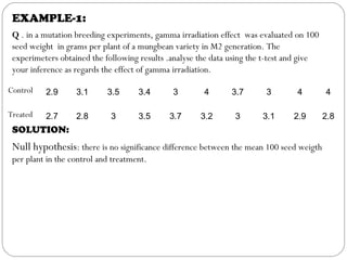 EXAMPLE-1:
Q . in a mutation breeding experiments, gamma irradiation effect was evaluated on 100
seed weight in grams per plant of a mungbean variety in M2 generation. The
experimeters obtained the following results .analyse the data using the t-test and give
your inference as regards the effect of gamma irradiation.
Control 2.9 3.1 3.5 3.4 3 4 3.7 3 4 4
Treated 2.7 2.8 3 3.5 3.7 3.2 3 3.1 2.9 2.8
SOLUTION:
Null hypothesis: there is no significance difference between the mean 100 seed weigth
per plant in the control and treatment.
 