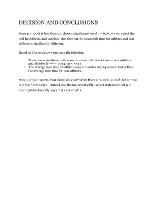 DECISION AND CONCLUSIONS
Since p < .0001 is less than our chosen significance level α = 0.05, we can reject the
null hypothesis, and conclude that the that the mean mile time for athletes and non-
athletes is significantly different.
Based on the results, we can state the following:
 There was a significant difference in mean mile time between non-athletes
and athletes (t315.846
= 15.047, p < .001).
 The average mile time for athletes was 2 minutes and 14 seconds faster than
the average mile time for non-athletes.
Note: In your reports, you should never write that p=0.000, even if that is what
is in the SPSS output. Instead, use the mathematically correct statement that p <
0.001 (which basically says "p is very small").
 