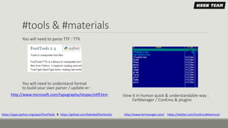#tools & #materials
You will need to parse TTF : TTX
You will need to understand format
to build your own parser / update-er :
View it in human quick & understandable way :
FarManager / ConEmu & plugins
https://pypi.python.org/pypi/FontTools & https://github.com/behdad/fonttools/ http://www.farmanager.com/ https://twitter.com/ConEmuMaximus5
http://www.microsoft.com/typography/otspec/otff.htm
 