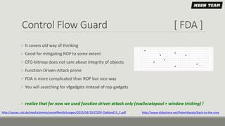 Control Flow Guard [ FDA ]
 It covers old way of thinking
 Good for mitigating ROP to some extent
 CFG-bitmap does not care about integrity of objects
 Function-Driven-Attack prone
 FDA is more complicated than ROP but nice way
 You will searching for vfgadgets instead of rop-gadgets
 realize that for now we used function driven attack only (exallocatepool + window tricking) !
http://syssec.rub.de/media/emma/veroeffentlichungen/2015/04/13/COOP-Oakland15_1.pdf http://www.slideshare.net/PeterHlavaty/back-to-the-core
 