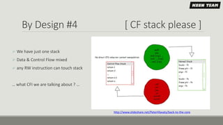 By Design #4 [ CF stack please ]
http://www.slideshare.net/PeterHlavaty/back-to-the-core
 We have just one stack
 Data & Control Flow mixed
 any RW instruction can touch stack
… what CFI we are talking about ? …
 