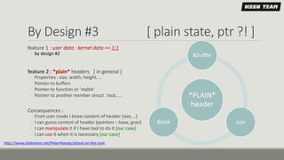 By Design #3 [ plain state, ptr ?! ]
*PLAIN*
header
&buffer
size&lock
feature 1 : user data : kernel data == 1:1
◦ by desi...