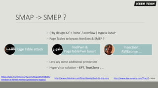 SMAP -> SMEP ?
 { ‘by design #2’ + ‘echo’ / overflow } bypass SMAP
 Page Tables to bypass NonExec & SMEP ?
 Lets say so...