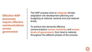 Effective NAP
processes
require effective
communications
across
government
The NAP process aims to integrate climate
adapt...
