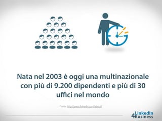 Nata nel 2003 è oggi una multinazionale
con più di 9.200 dipendenti e più di 30
uﬃci nel mondo
Fonte: http://press.linkedin.com/about/
 