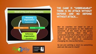 But as coaches we need to set a
number of principles to the different
moments of the team in the game,
never forgetting that they are
connected and that what we are trying
to do is establish an order in a system
that by its nature is constantly
changing its charactheristics...
So we are setting a start to something
and not the end in itself!
 