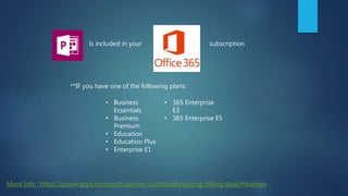 Is included in your subscription
• Business
Essentials
• Business
Premium
• Education
• Education Plus
• Enterprise E1
• 365 Enterprise
E3
• 365 Enterprise E5
**IF you have one of the following plans:
More Info : https://powerapps.microsoft.com/en-us/tutorials/pricing-billing-skus/#licenses
 