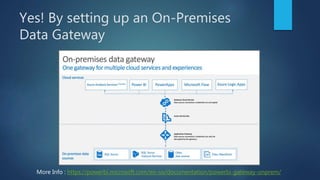 Yes! By setting up an On-Premises
Data Gateway
More Info : https://powerbi.microsoft.com/en-us/documentation/powerbi-gateway-onprem/
 