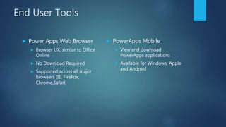 End User Tools
 Power Apps Web Browser
 Browser UX, similar to Office
Online
 No Download Required
 Supported across all major
browsers (IE, FireFox,
Chrome,Safari)
 PowerApps Mobile
 View and download
PowerApps applications
 Available for Windows, Apple
and Android
 