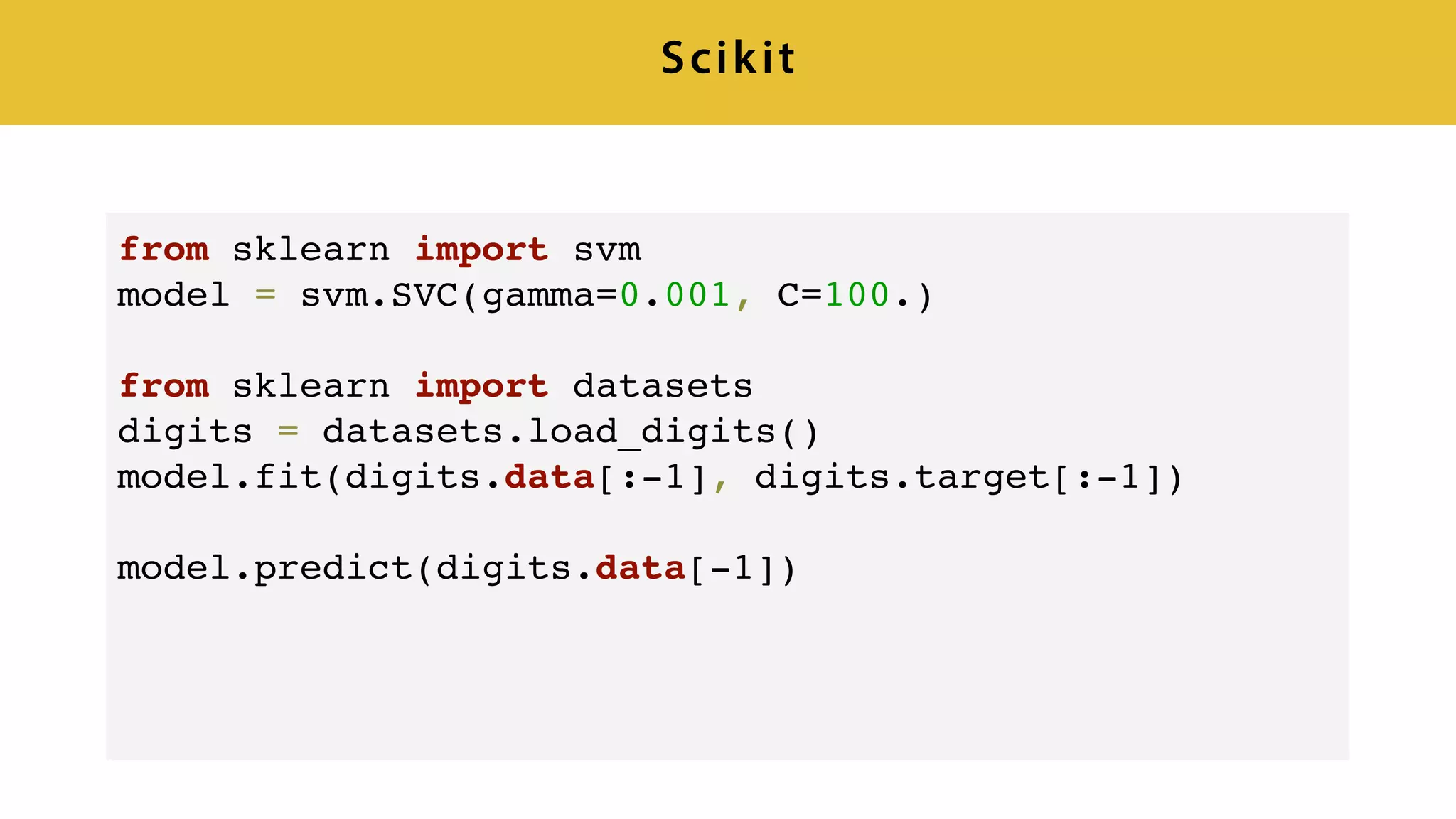 Scikit
from sklearn import svm
model = svm.SVC(gamma=0.001, C=100.)
from sklearn import datasets
digits = datasets.load_digits()
model.fit(digits.data[:-1], digits.target[:-1])
model.predict(digits.data[-1])
 