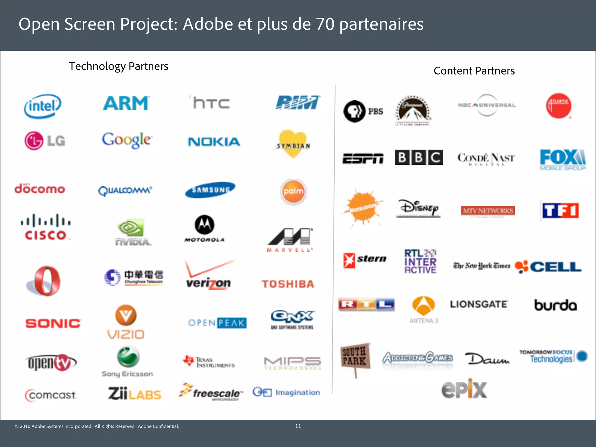 Open Screen Project: Adobe et plus de 70 partenaires

                        Technology Partners                                       Content Partners




© 2010 Adobe Systems Incorporated. All Rights Reserved. Adobe Con dential.   11
 