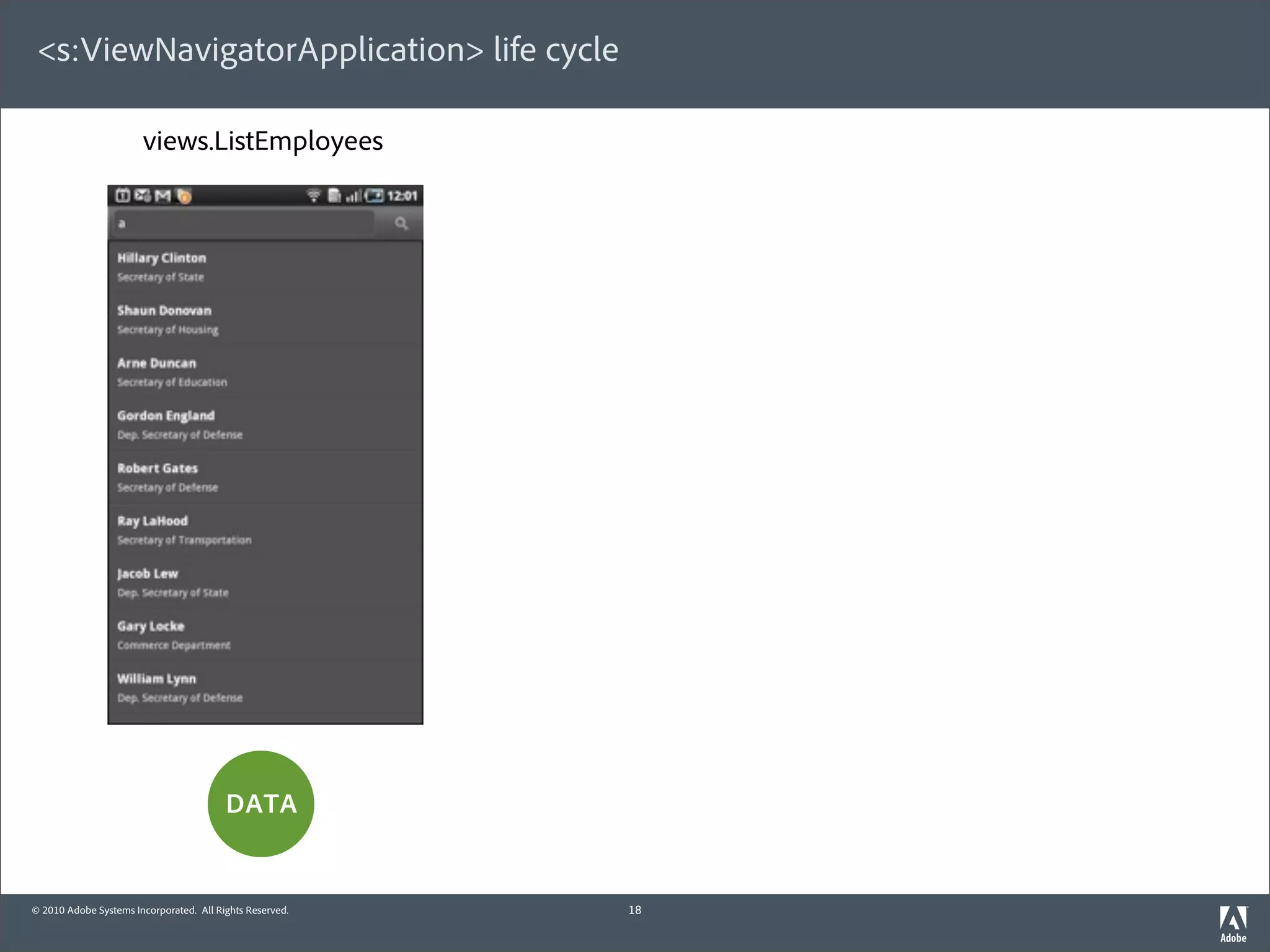 <s:ViewNavigatorApplication> life cycle

                       views.ListEmployees                views.DetailsEmployee   views.ListEmployees




                                                               view destroyed        view created



                              view destroyed                 view created




                                                             “BACK” bu on

                                         DATA                      subset               DATA

                                                           persisted in memory
© 2010 Adobe Systems Incorporated. All Rights Reserved.             18
 