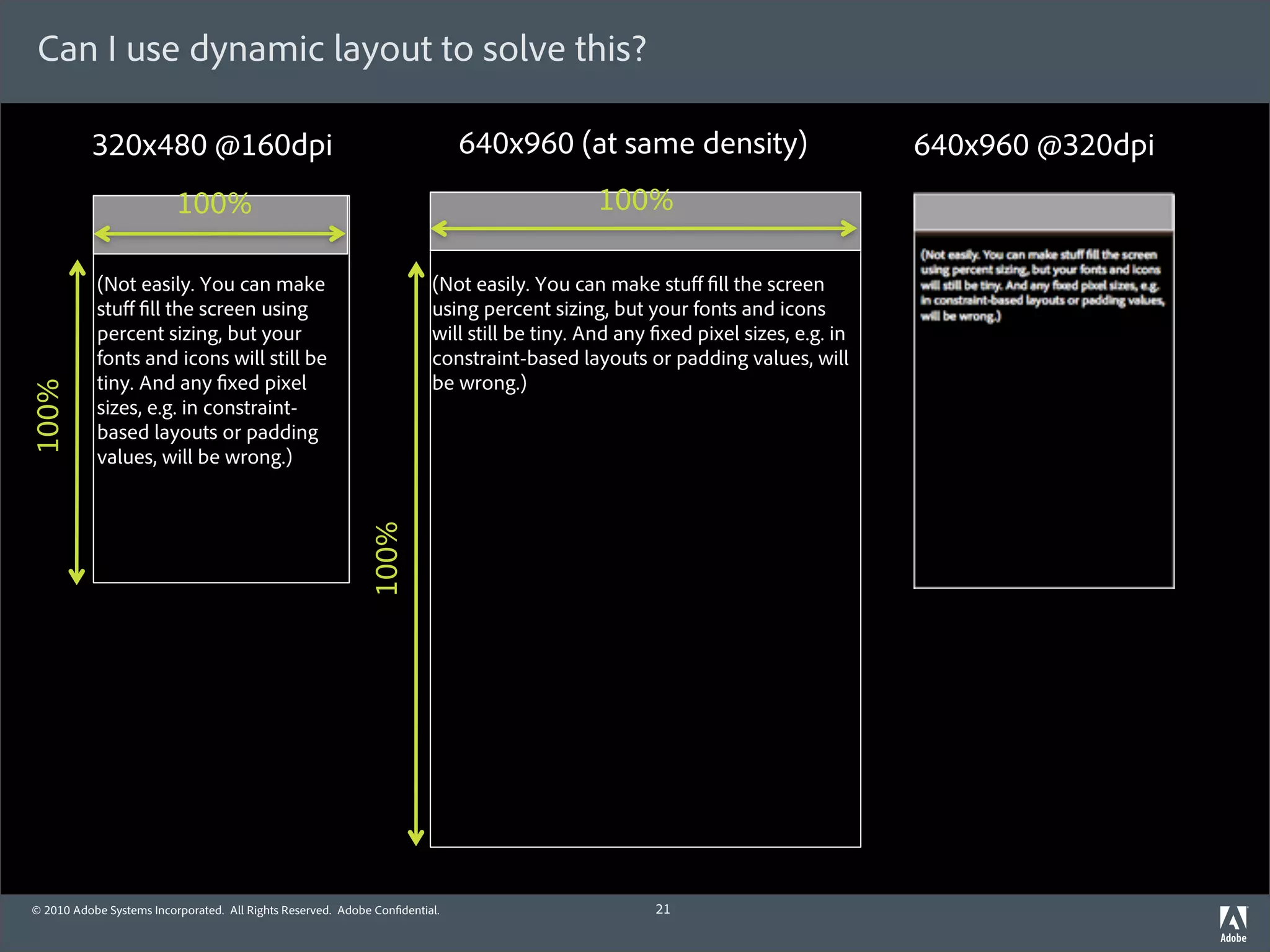 Can I use dynamic layout to solve this?

          320x480 @160dpi                                                    640x960 (at same density)                         640x960 @320dpi
                          100%                                                              100%

           (Not easily. You can make                                    (Not easily. You can make stuﬀ ll the screen
           stuﬀ ll the screen using                                     using percent sizing, but your fonts and icons
           percent sizing, but your                                     will still be tiny. And any xed pixel sizes, e.g. in
           fonts and icons will still be                                constraint-based layouts or padding values, will
           tiny. And any xed pixel                                      be wrong.)
100%




           sizes, e.g. in constraint-
           based layouts or padding
           values, will be wrong.)
                                                              100%




© 2010 Adobe Systems Incorporated. All Rights Reserved. Adobe Con dential.                         21
 