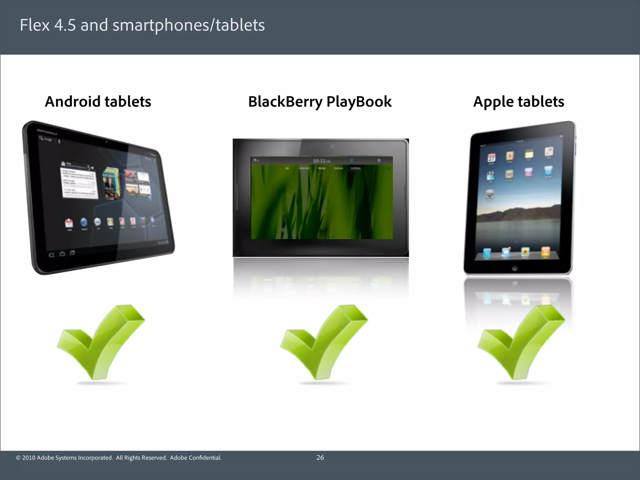 Flex 4.5 and smartphones/tablets



          Android tablets                                                    BlackBerry PlayBook   Apple tablets




© 2010 Adobe Systems Incorporated. All Rights Reserved. Adobe Con dential.            26
 