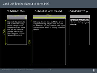 Can I use dynamic layout to solve this?

          320x480 @160dpi                                                    640x960 (at same density)                         640x960 @320dpi
                          100%                                                              100%

           (Not easily. You can make                                    (Not easily. You can make stuﬀ ll the screen
           stuﬀ ll the screen using                                     using percent sizing, but your fonts and icons
           percent sizing, but your                                     will still be tiny. And any xed pixel sizes, e.g. in
           fonts and icons will still be                                constraint-based layouts or padding values, will
           tiny. And any xed pixel                                      be wrong.)
100%




           sizes, e.g. in constraint-
           based layouts or padding
           values, will be wrong.)
                                                              100%




© 2010 Adobe Systems Incorporated. All Rights Reserved. Adobe Con dential.                         21
 