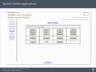 System-centric applications




© 2010 Adobe Systems Incorporated. All Rights Reserved. Adobe Con dential.   6
All external content and images pending approvals.
 