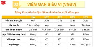 Bảng tóm tắt các đặc điểm chính của virút viêm gan
HAV HBV HCV HDV HEV
Cấu tạo di truyền ARN ADN ARN ARN ADN
Lây truyền Phân – miệng Máu Máu Máu Tiêu hóa
Giai đoạn ủ bệnh 2-6 tuần 4-26 tuần 2-26 tuần 4-7 tuần 2-8 tuần
Người lành mang virus Không Có Có Có Không
Viêm gan mạn Không Có Có Có Không
Ung thư gan Không Có Có Không Không rõ
02 VIÊM GAN SIÊU VI (VGSV)
 