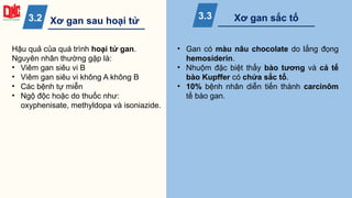 Xơ gan sau hoại tử Xơ gan sắc tố
3.2 3.3
Hậu quả của quá trình hoại tử gan.
Nguyên nhân thường gặp là:
• Viêm gan siêu vi B
• Viêm gan siêu vi không A không B
• Các bệnh tự miễn
• Ngộ độc hoặc do thuốc như:
oxyphenisate, methyldopa và isoniazide.
• Gan có màu nâu chocolate do lắng đọng
hemosiderin.
• Nhuộm đặc biệt thấy bào tương và cả tế
bào Kupffer có chứa sắc tố.
• 10% bệnh nhân diễn tiến thành carcinôm
tế bào gan.
 
