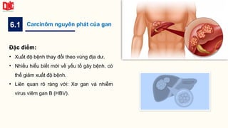 6.1 Carcinôm nguyên phát của gan
Đặc điểm:
• Xuất độ bệnh thay đổi theo vùng địa dư.
• Nhiều hiểu biết mới về yếu tố gây bệnh, có
thể giảm xuất độ bệnh.
• Liên quan rõ ràng với: Xơ gan và nhiễm
virus viêm gan B (HBV).
 